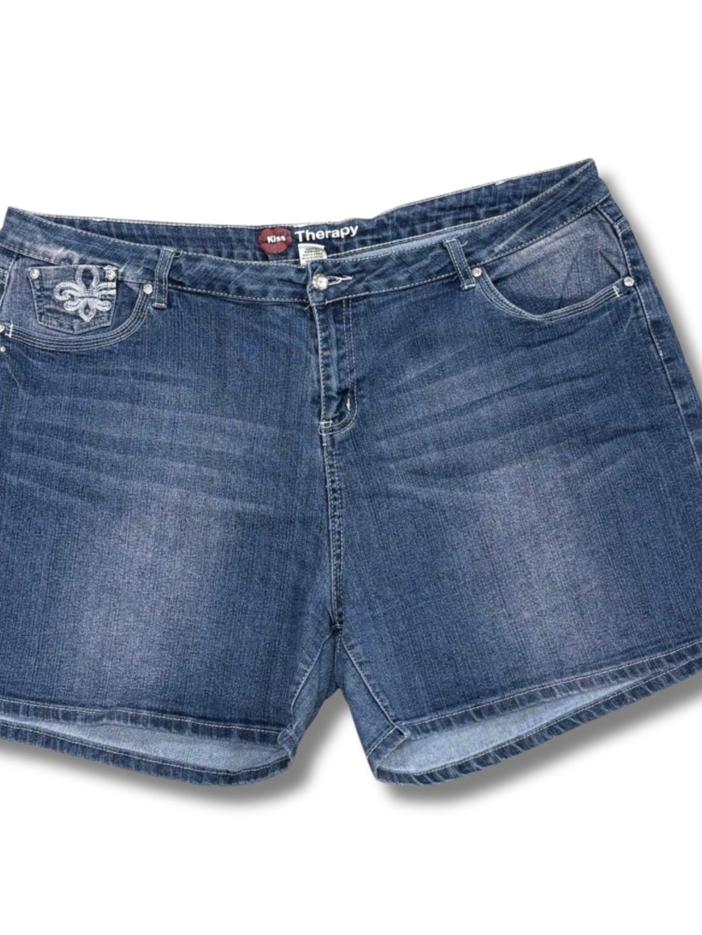 Kiss Therapy Denim Shorts Womens 24 Blue Y2K Fleur De Lis Stretch Jeans